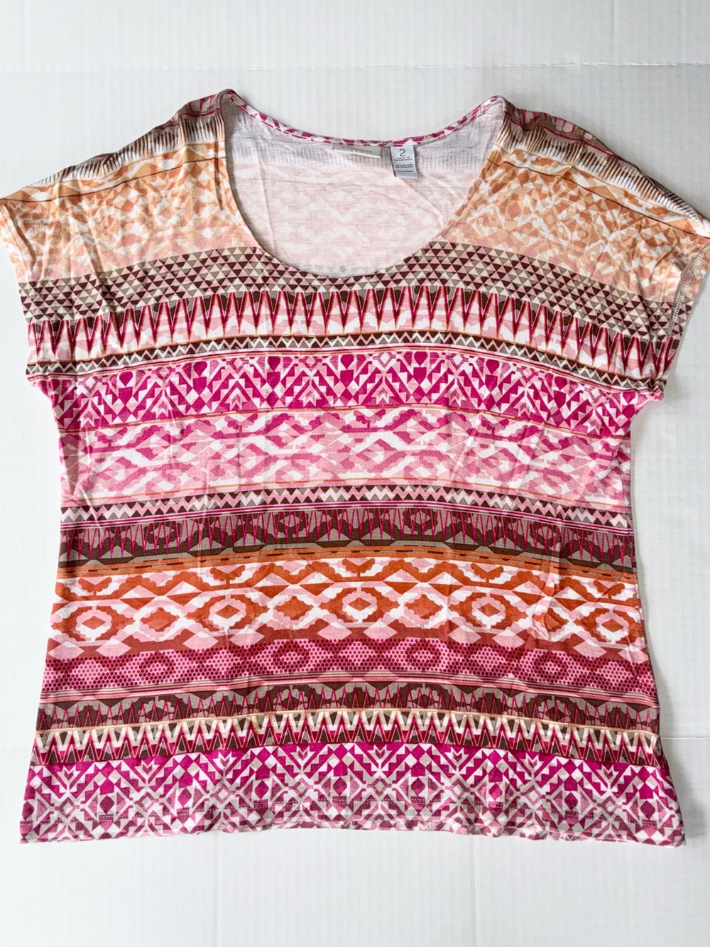 Chico’s Women’s Cap Sleeve Top With Pink & Orange Abstract Print Size 2